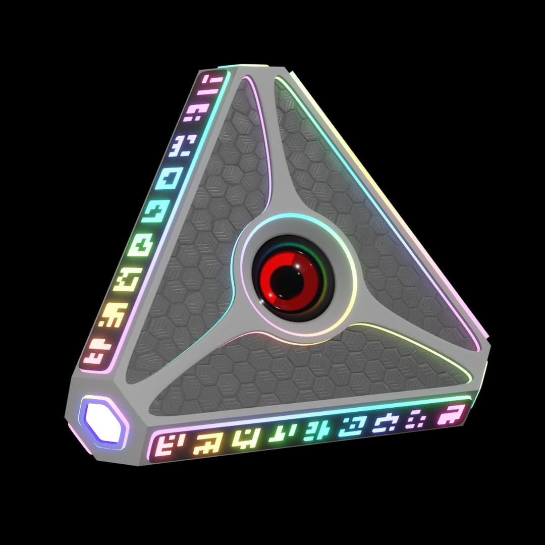 Triangular sculpture with glowing symbols and a central red eye